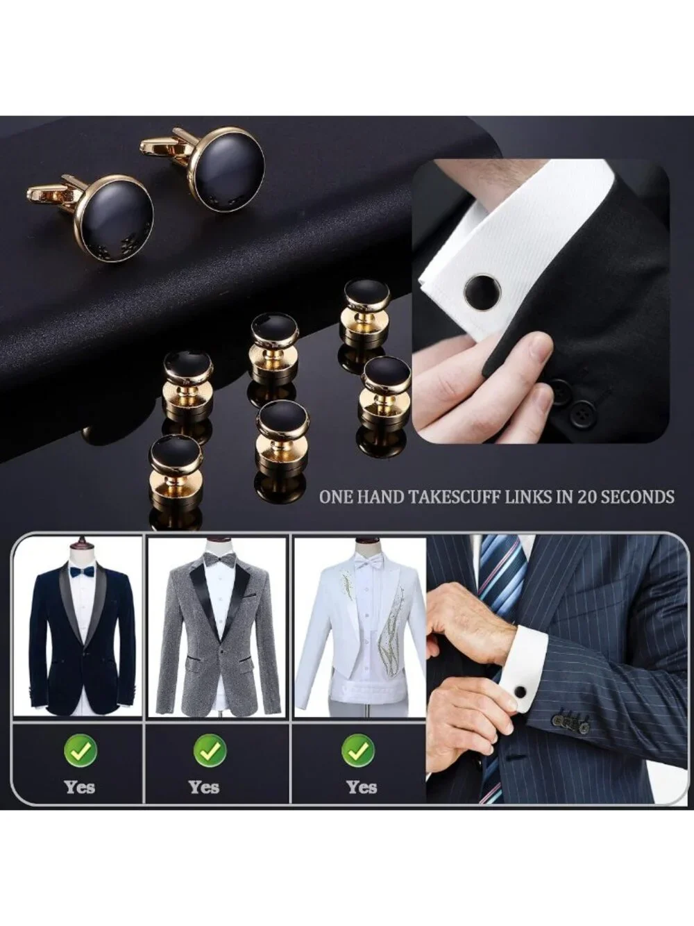 Stylish Stainless Steel Cuff Links & Studs Set - Gold & Black Tuxedo Accessories